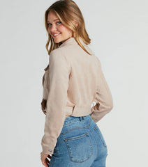 Layer On Iconic Belted Crop Faux Suede Moto Jacket