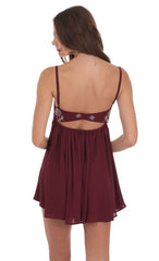 Beaded Floral Babydoll Dress in Burgundy
