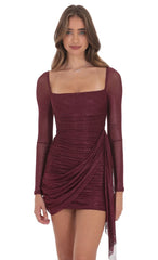 Foil Mesh Long Sleeve Tassel Dress in Burgundy