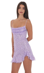 Sequin Beaded Ruffled Slit Dress in Lavender