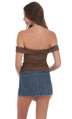 Ruffle Lace Off Shoulder Top in Brown