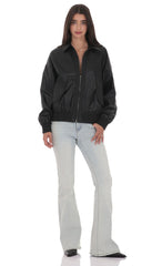 Woven Faux Leather Bomber Jacket in Black