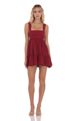 Square Neckline Babydoll Dress in Red
