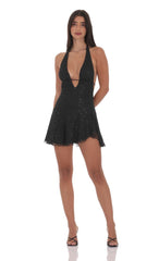 Lace Sequin Plunge Neck Dress in Black