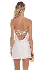 Beaded Butterfly Satin Dress in White