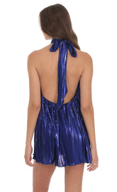 Blue Metallic Pleated Shift Dress