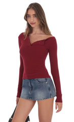 Off Shoulder Henley Top in Maroon