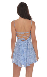 Light Blue Floral Sequin Fit-and-Flare Dress