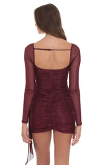 Foil Mesh Long Sleeve Tassel Dress in Burgundy