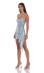 Metallic Corset Tassel Dress in Light Blue
