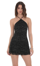 Glitter Mesh Halter Dress in Black