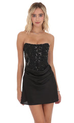 Black Sequin Draped Waist Dress