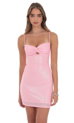 Foil Front Twist Bodycon Dress in Pink