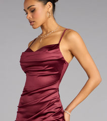 Jane Cowl Neck Slit Satin Formal Column Dress
