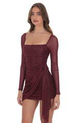 Foil Mesh Long Sleeve Tassel Dress in Burgundy