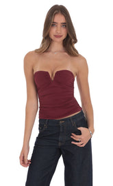 V-Strapless Ruched Top in Maroon