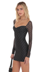 Polka Dot Long Sleeve Bodycon Dress in Black