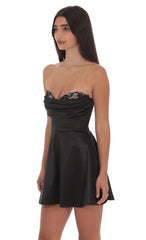 Satin Lace Bust Flare Dress in Black