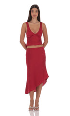 Satin Asymmetrical Midi Skirt in Red