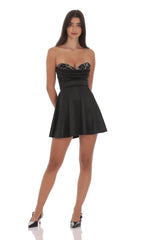 Satin Lace Bust Flare Dress in Black