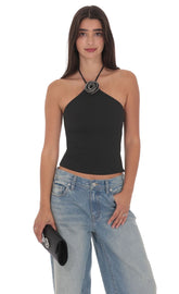 Rhinestone Rose Top in Black