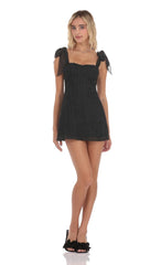 Black Shoulder Tie Rosette Dress