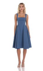 Square Neck Flare Midi Dress in Denim Blue