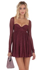Long Sleeve Foil Babydoll Dress in Burgundy