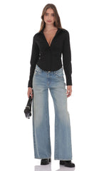 Ruched Button-Up Shirt in Black