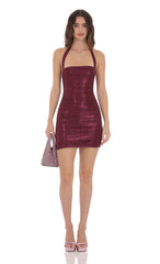 Ruched Foil Mesh Bodycon Dress in Burgundy