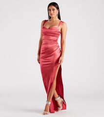 Kirsten Satin Cowl Neck High Slit Formal Dress