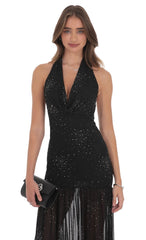 Black Rhinestone Plunge Cowl Neck Maxi Dress