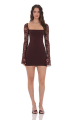 Lace Long Sleeve Bodycon Dress in Brown