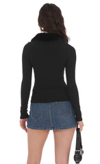 Black Fur Collar Zip-Up Cardigan