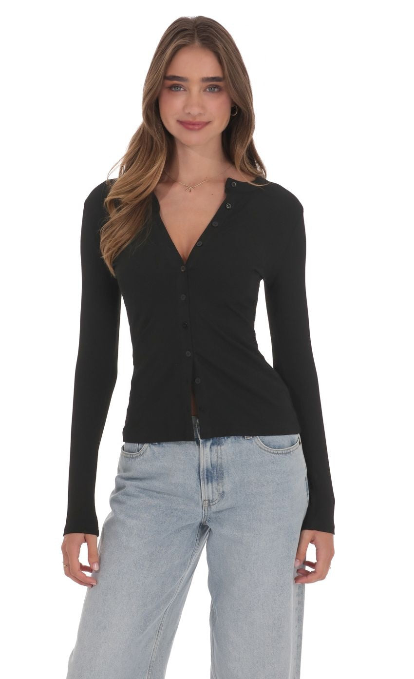 Ribbed Long Sleeve Top in Black