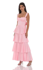 Satin Ruffle Maxi Dress in Pink