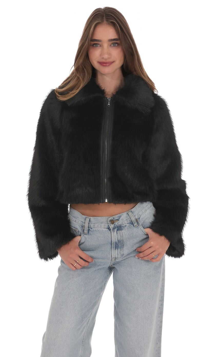 Faux Fur Cropped Jacket in Black