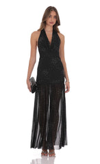 Black Rhinestone Plunge Cowl Neck Maxi Dress