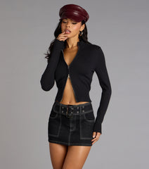 Layer Check Mock Neck Zip-Up Sweater