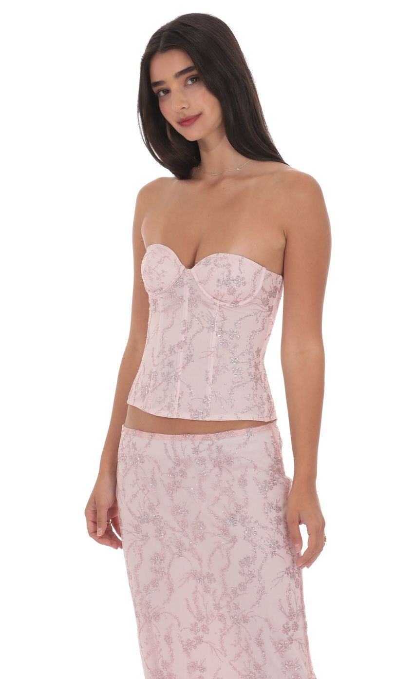 Glitter Floral Corset Top in Pink