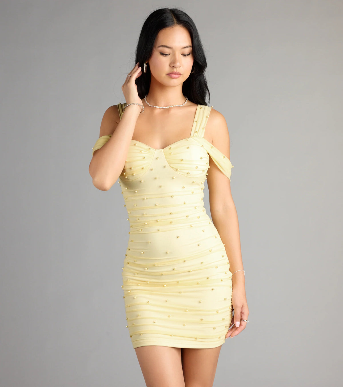 Breathtaking Impression Faux Pearl Bodycon Mini Dress
