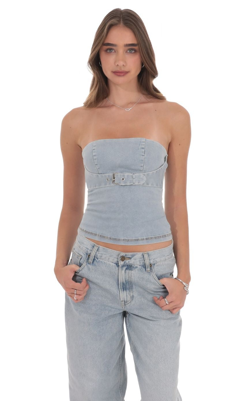 Belted Denim Top in Washed Blue