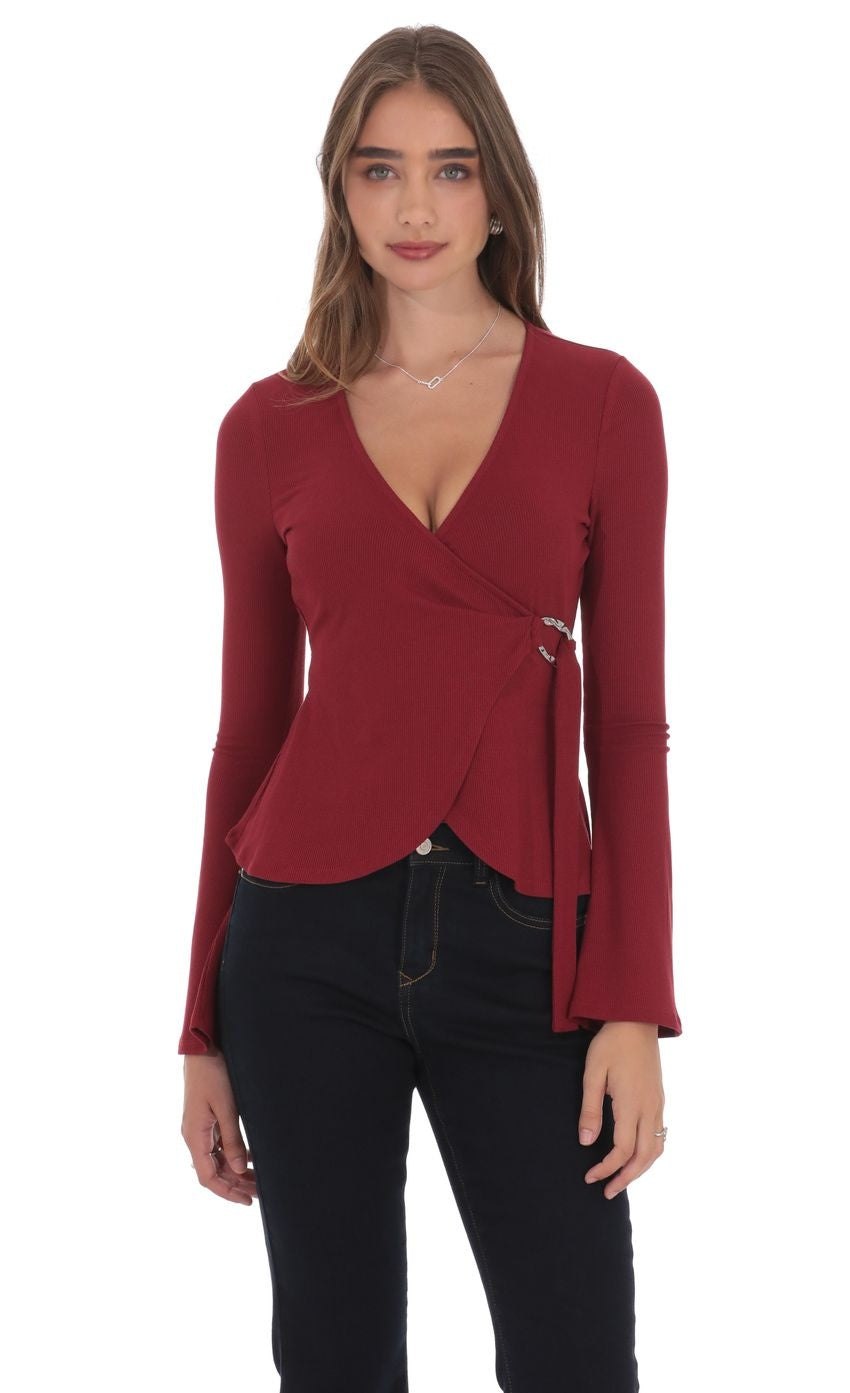 Embellished Wrap Top in Maroon