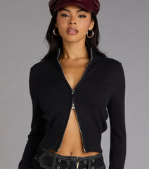 Layer Check Mock Neck Zip-Up Sweater