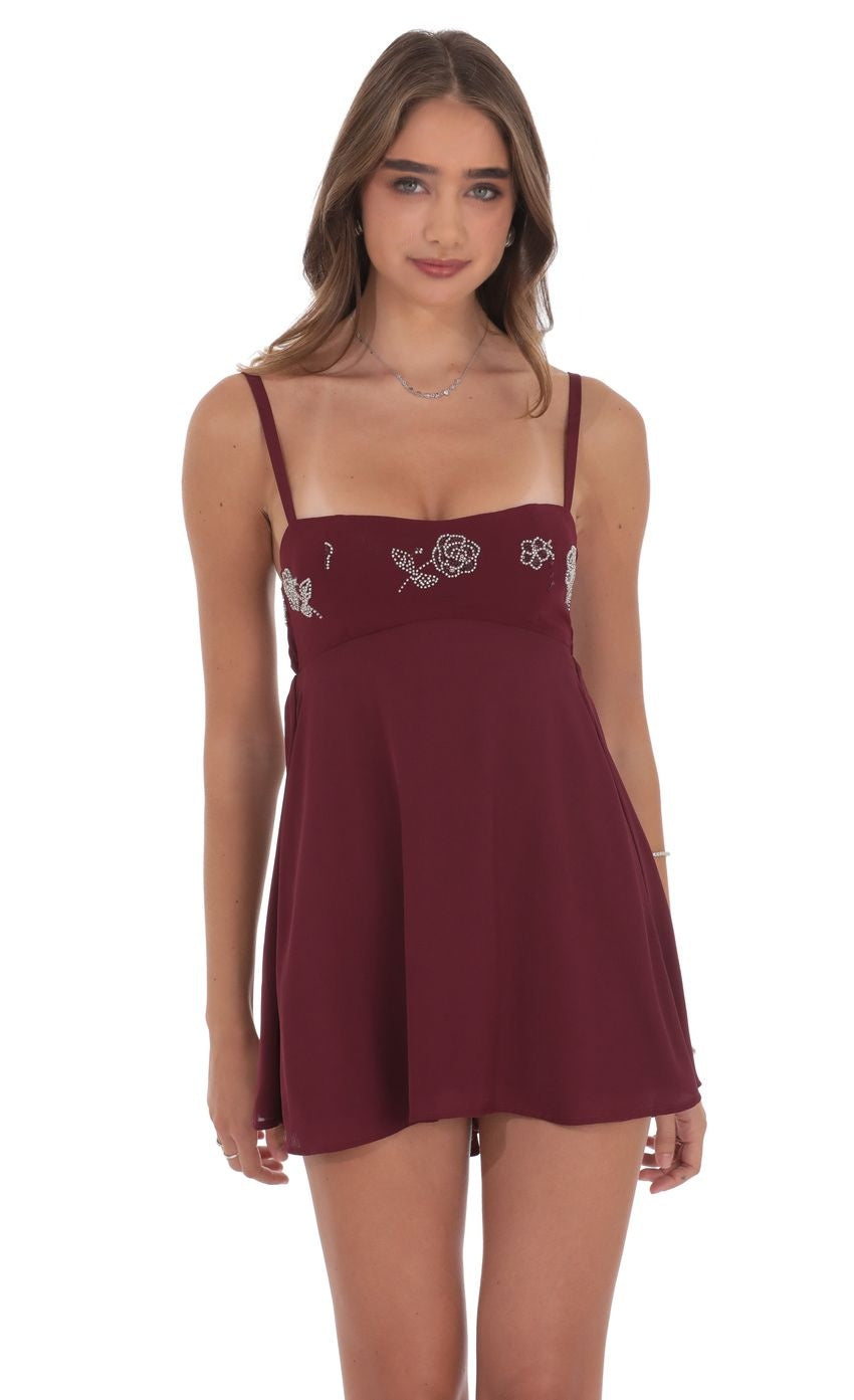 Beaded Floral Babydoll Dress in Burgundy