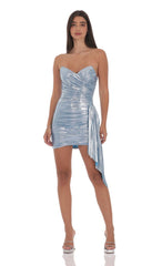 Metallic Corset Tassel Dress in Light Blue