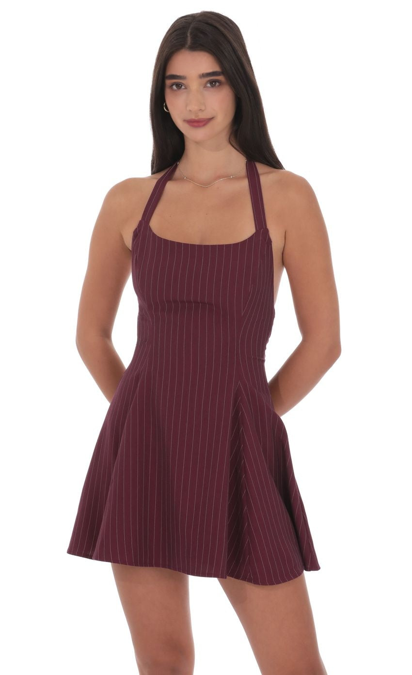 Pinstripe Halter Fit and Flare Dress in Burgundy
