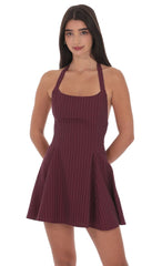Pinstripe Halter Fit and Flare Dress in Burgundy