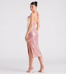 Avery Formal Sequin Cowl Halter Midi Dress