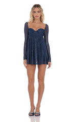 Foil Long Sleeve Babydoll Dress in Navy